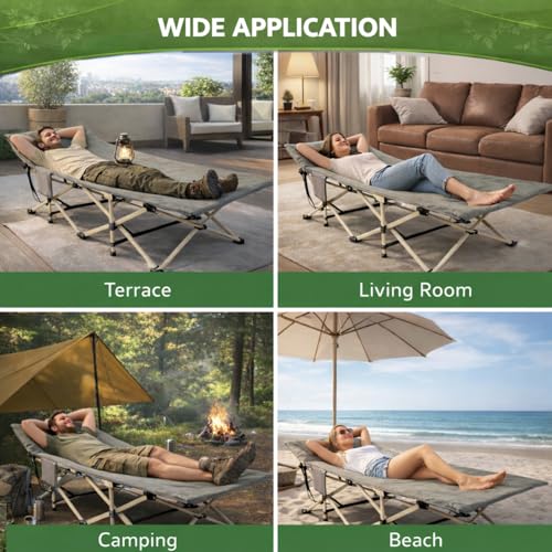 Image of 6FT Portable Folding Bed Single for Sleeping Outdoor Single Cot Foldable for Travelling Sleeping Bed for Adults Outdoor Camping with Side Pocket and Carry Bag Upto 150KG (Green, 188x66X40CM)