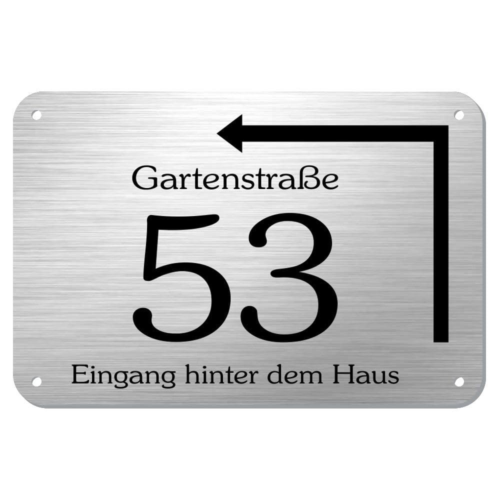 Edelstahl Hausnummernschild mit Pfeil * Modell 53 Eingang hinter dem Haus