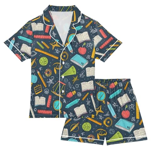 ALAZA Educational Navy Blue Math Pajamas Satin Pajama Set Short Sleeve Button Down Sleepwear