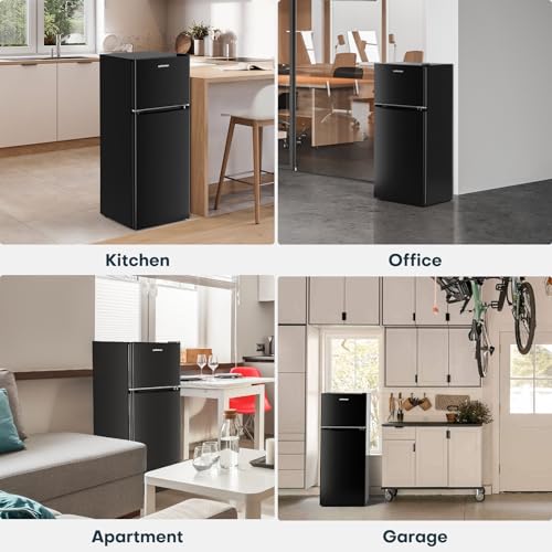Upstreman 4.0 Cu.Ft. Mini Fridge with Freezer, Dorm Essentials, Double Door Small Refrigerator for Office, Dorm, Bedroom, Adjustable Thermostat, Large Capacity, Black-BR401