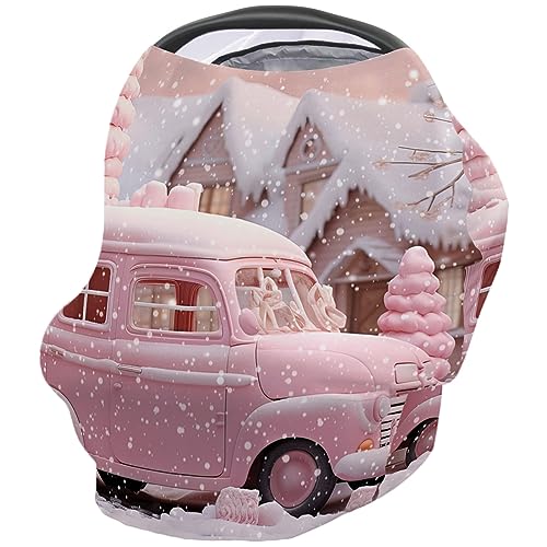 Nursing Cover for Breastfeeding Scarf, Merry Christmas Pink Car House Baby Car Covers Super Soft Multi Use for Canopy Shopping Cart Cover Blanket Stroller Cover