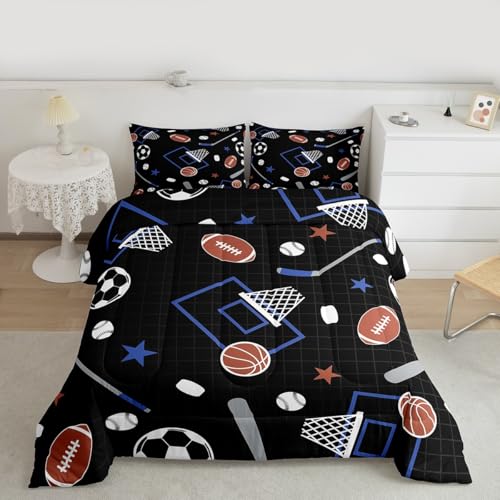 Image of Feelyou Ball Sport Comforter Set Queen Size Basketball Foorball Bedding Set for Kids Boys Girls Black Blue Duvet Quilt Sport Theme Bedroom Decor Microfiber 3 Pcs with 2 Pillow Cases