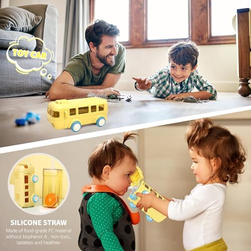 Image of Bus Water Bottle for Kids with Strap, Sipper, and Straw Leakproof, Tritan Water Bottle for School Kids 500ml - Blue,Water Bottle for Girls and Boys (Yellow)