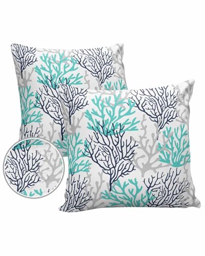 Turquoise Navy Coral Outdoor Pillow Cover 24x24 Inch Cushion Sham Case,Waterproof Decorative Square Throw Pillowcase for Outside Garden Patio Porch Couch Chair Tent Coastal Nautical Blue Grey Beach