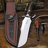 BA-KOR 8mm 9CR18MOV steel (14.8IN) sandalwood handle Bowie knife + sheath & (5.9IN) cerium igniter, suitable for outdoor hunting, camping, survival, EDC tool knives