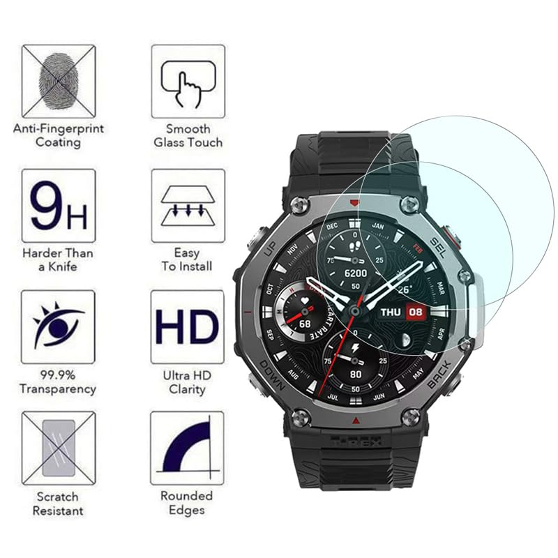 Image of YODI Pack of 2 Waterproof 3D Tempered Glass Screen Protector Compatible with Amazfit T-Rex 3 Only ((T-REX 3))