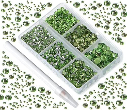 Bymitel 5000 Pieces 6 Mixed Sizes Glue Fix on Glass Rhinestones Round Crystal Gems Flatback for DIY Jewelry Making with one Picking Pen(6-Sizes 5000PCS, Peridot) - 1