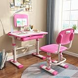 Cantonape Kids Desk and Chair Set, Height Adjustable Children School Study Desk with Tilt Desktop, Bookstand, LED Lamp, Metal Hook and Storage Drawer for Boys Girls, (Pink)
