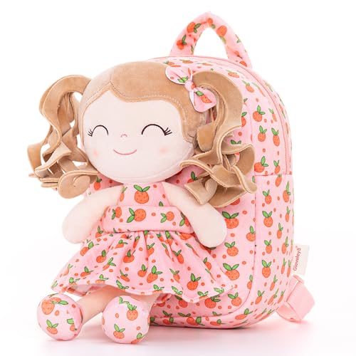 Image of Gloveleya Toddler Backpack Baby Girl Gifts Curly Hair Plush Figures Dress Backpack Kids Backpack Curly Hair Spring Girl Fruit Section-Orange 9inches