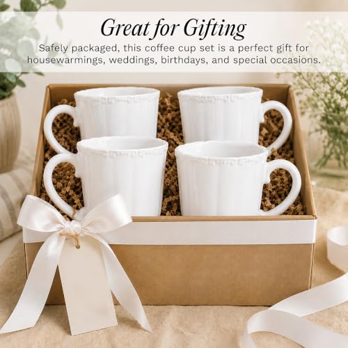 Image of SANGO Bethany White Mugs Set of 4, 15 oz Stoneware White Coffee Mugs, Vibrant Ceramic Drinkware for Coffee, Tea or Cocoa, Durable Everyday Cups, Dishwasher & Microwave Safe, Kitchen Mug Set