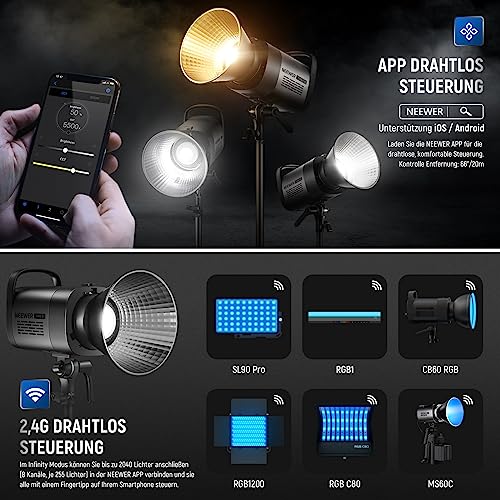 NEEWER 80W LED Videoleuchte, 2,4G und APP Steuerung, zweifarbig 2700K-6500K Videolicht, 34000 Lux/1m, CRI97+/12 Szenen/Bowens COB Dauerlicht für Studio Fotografie Videoaufnahmen und Streaming, CB60B
