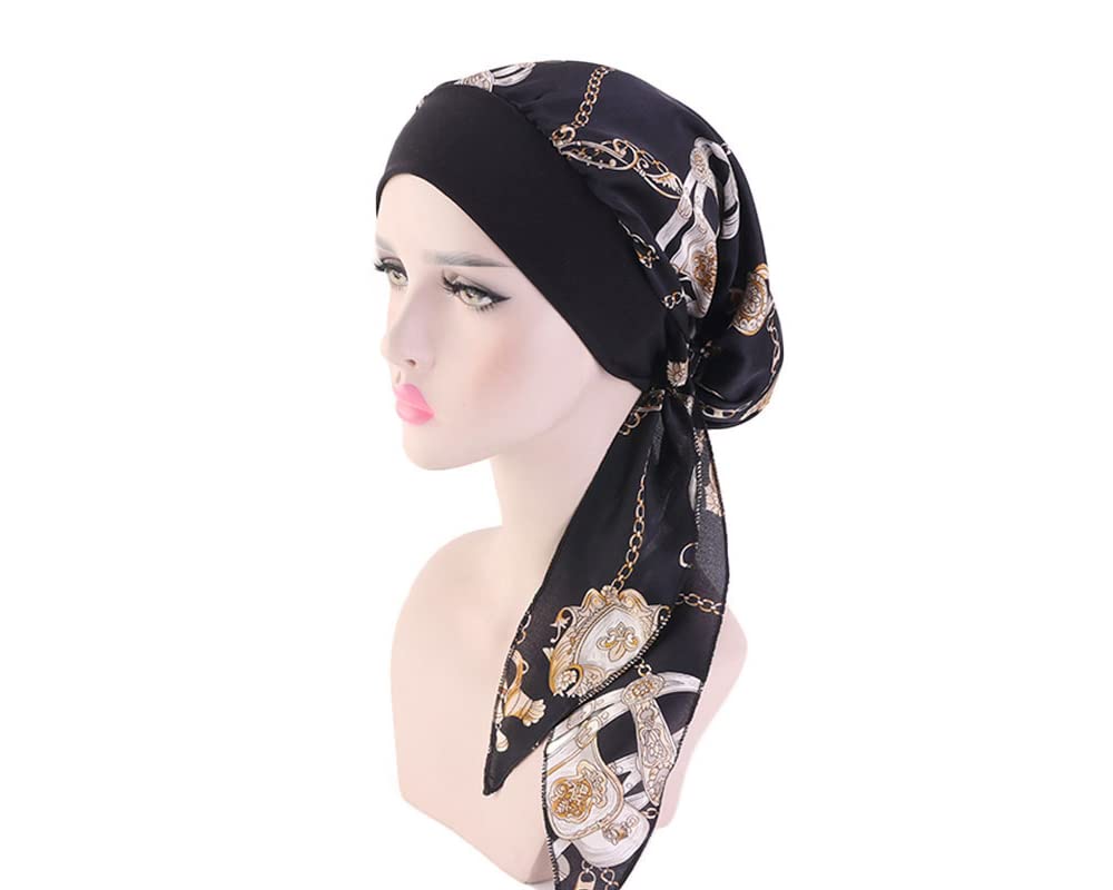 Women Chemo Turban, Cotton Turban Cap Elastic Head Cover Turbans Satin Head Scarf Headwear Headwrap for Cancer Women Black Chain