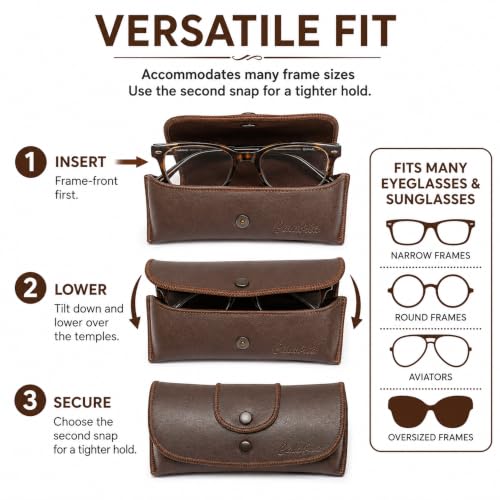 Image of Calabria Double Snap Belt Loop Eyeglass Case PU Leather Vintage Style Old School Eye Glasses Pouch Semi-Hard Sunglass Holder