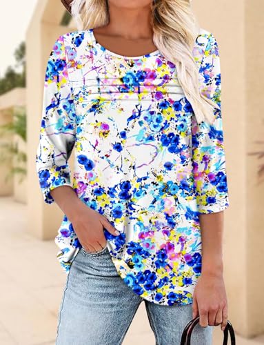 KISSMODA Women's Casual 3/4 Sleeve T-Shirts Round Neck Cute Tunic Tops Basic/Pleated Summer Tops Trendy Spring Blouses