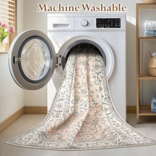 Tortania Area Rug Living Room Rugs - 6x9 Washable Boho Rug Vintage Oriental Distressed Farmhouse Large Thin Indoor Carpet for Living Room Bedroom Under Dining Table Home Office - Floral Pink
