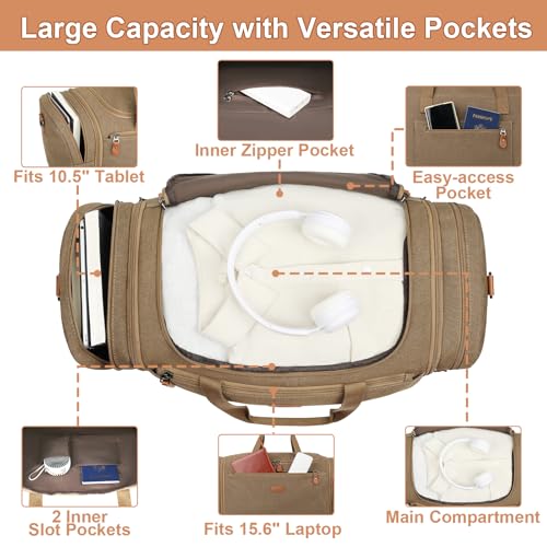 Image of Canvas Mens Duffle Bag for Travel - Expandable 50L Weekender Bags with Toiletry Bag, Overnight Bag Travel Duffel Carry On Luggage with Removable Shoulder Strap, Durable & Water-Resistant