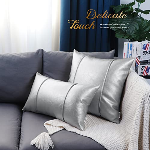 Image of BRAWARM Silver Leather Throw Pillow Covers 16 X 16 Inches - Faux Leather Pillow Cover with Piping, Hand Stitched Leather Throw Pillow for Couch Sofa Bed Living Room Home Decorative