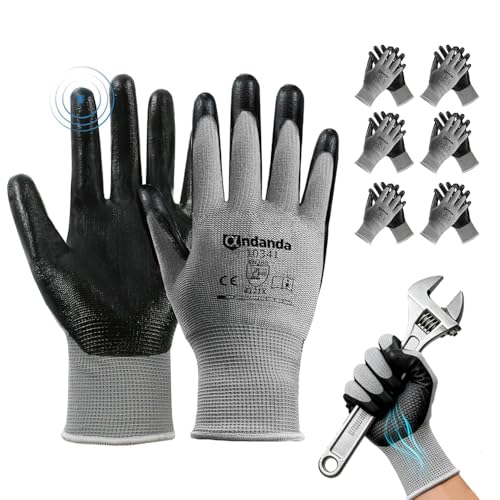 ANDANDA Mens Work Gloves with Nitrile Coating - Pack of 6 | Safety Gloves for Mechanics Gardening & Logistics | Non-Slip Grip Comfort Fit | Size L (Black)