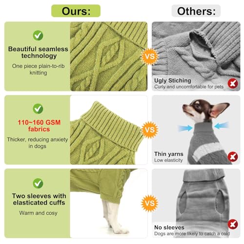 Image of BEAUTYZOO Dog Sweater for Small Medium Dogs, Knit Clothes with Harness Hole | Turtleneck Pullover Fall Winter Knitwear, Fuzzy Fleece Cold Weather Coat for Girl Boy Puppy, Warm Pet Sweatshirt, Green SM Tu