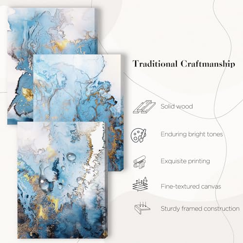 SERIMINO Blue Abstract Canvas Wall Art for Living Room, Navy and Gold Fluid Marble Wall Decor for Bedroom, Bathroom, Office, Home Decor, Set of 3 Print Painting, 16"X24"