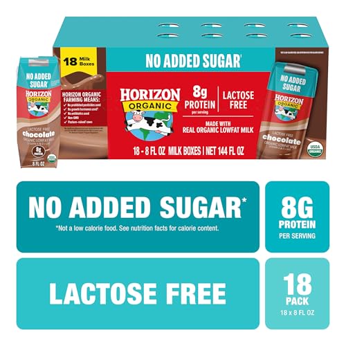 Image of NEW Horizon Organic Shelf Stable No Added Sugar Lactose Free 1% Lowfat Chocolate Milk Boxes, Pack of 18-8g Protein per Serving