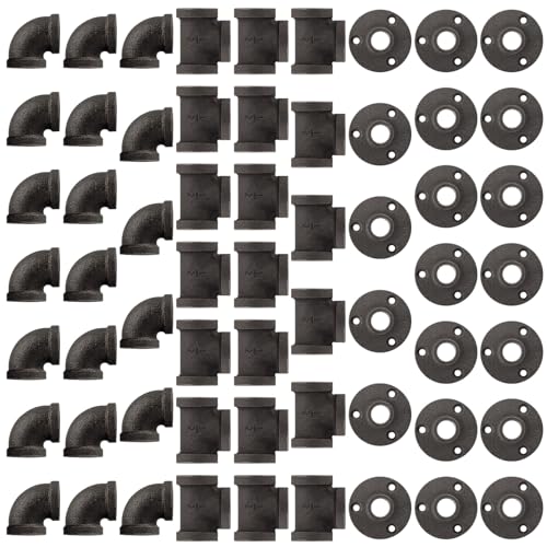 Niubid 60 Pack 1/2 Inch Cast Iron Pipe Fittings (20 Elbows, 20 Tees, 20Flange), DIY Steampunk Industrial Vintage Style.