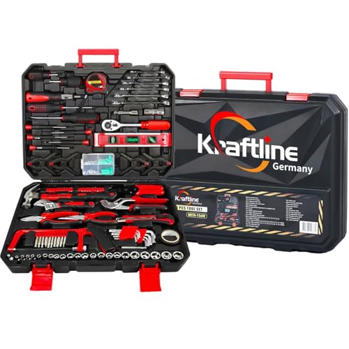 Kraftline® Werkzeugkoffer gefüllt 156-tlg, Werkzeug-Set Komplett bestückt für Heimwerker & Kfz, Werkzeugkasten Toolbox, Universal Werkzeuge Edelstahl Werkzeug-Sets für Werkstatt & Zuhause in Schwarz