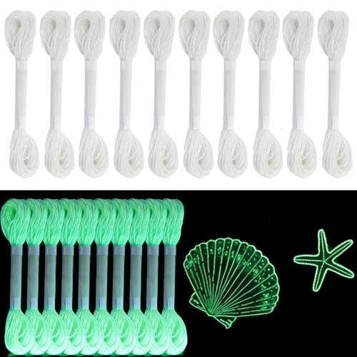 10PCS 8.75 Yards White Glow in The Dark Embroidery Thread Neon Cross Stitch Polyester Strings for Beginners Luminous Cross Stitch Yarn for Sewing Patterns Crochet Crafts DIY Accessories