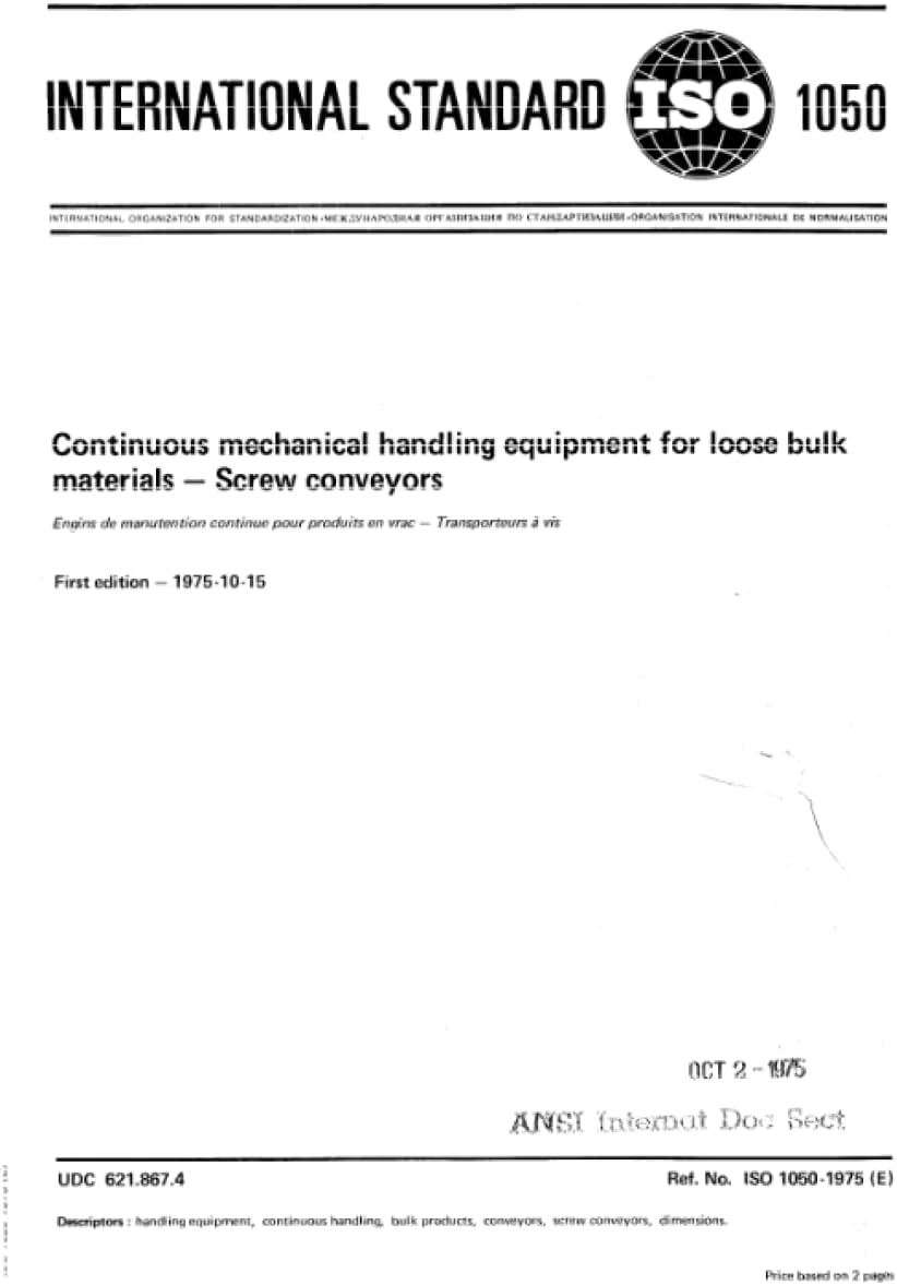 ISO 1050:1975, Continuous mechanical handling equipment for loose bulk materials - Screw conveyors