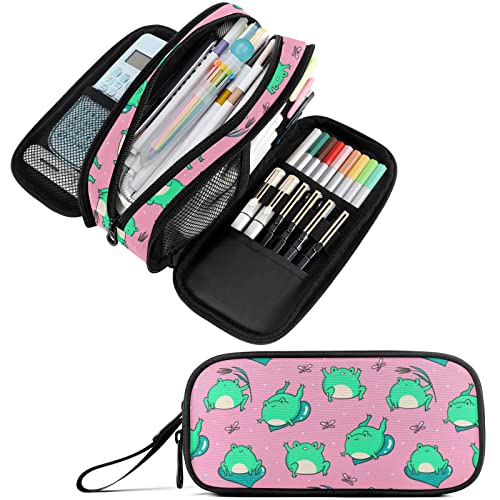 Image of Fustylead Kawaii Frogs Large Pencil Case Portable Stationery Bag Cosmetics Bag with Handle for School Office Travel