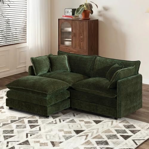 SoarTalent 76.7” Modular Sectional Sofa L-Shaped Convertible Couches, 2 Seater Chenille Deep Seat Cloud Couch with Pillows and 1 Ottoman for Living Room, Apartment, Office(Green)