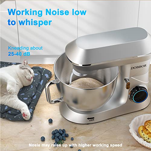 9.5Qt Standing Mixer, Dobbor 7 Speeds 660W Tilt-Head Kitchen Dough Mixer, Electric Household Mixers With Dough Hook, Whisk, Beater, Splash Guard & Mixing Bowl For Baking - Silver #TOP4