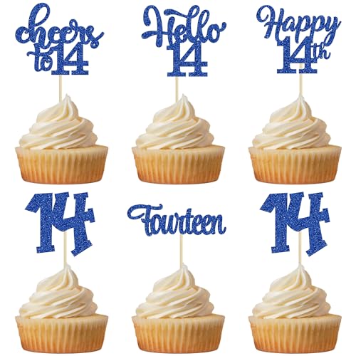 30Pcs 14th Birthday Cupcake Toppers Hello 14 Cupcake Picks Fourteen Cheers to 14 Years Old Cake Decorations for 14th Birthday Anniversary Party Supplies Deep Blue Glitter
