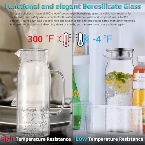 Image of Bivvclaz 1.6 Liter 54 oz Glass Pitcher with Lid and Handle, Glass Carafe Water Pitcher for Hot /Cold Water, Iced Tea, Drinks, Coffee, Juice and Homemade Beverage