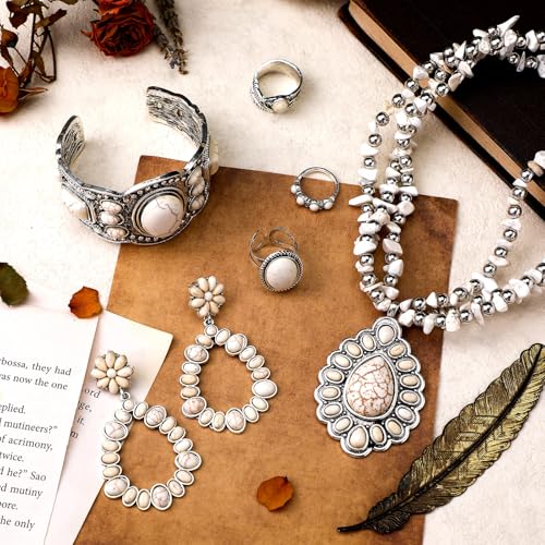 Image of Ecally Bohemian Western Jewelry Turquoise Set Women Country Pendant Long Choker Layered Bracelets Earrings Ring for Women