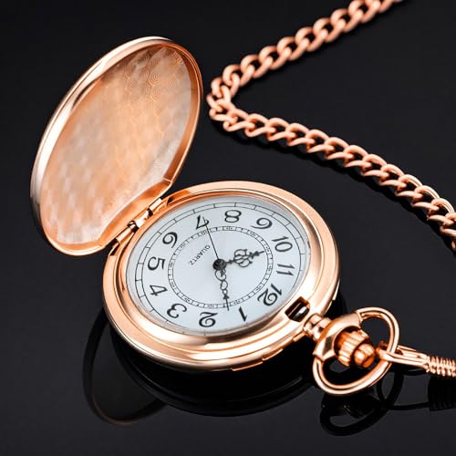 Image of Rose Gold Smooth Pocket Watch Rose Gold Steel Quartz Arabic Numerals with 37cm Chain for Father's Day Xmas Best Gifts