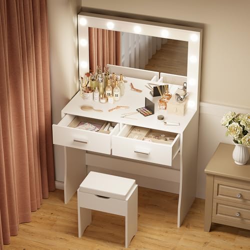 Image of YESHOMY Vanity Desk with Mirror, Makeup Table with 11 Adjustable Lights and 2 Spacious Drawers, Soft-Padded Storage Stool, 3 Lighting Modes with Control, for Bedroom, Snow White