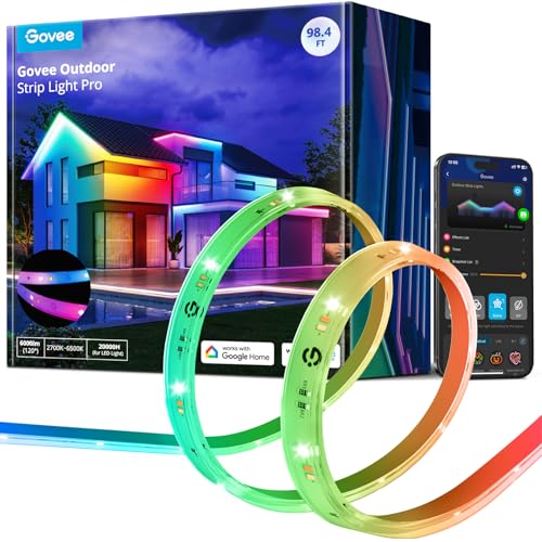 Image of Govee Outdoor LED Strip Lights RGBIC with Warm and Cold White, 98.4ft 2.4G WiFi Smart Outdoor Lights, IP65 Waterproof, Work with Alexa and Google Assistant, App Control, for Porch, Patio, Eave, Party | Smart 2.4G WiFi LED Light, IP65 Waterproof, Compatible with Alexa and Google Assistant, App Control, for Porch, Patio, Eave