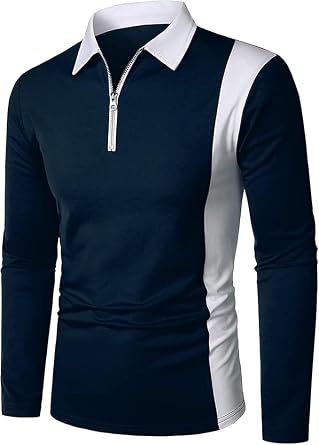 Mens Fashion Lapel Long Sleeve Polo Shirt Casual Slim Fit Patchwork Quarter Zipper Shirts Business Golf Tee Top
