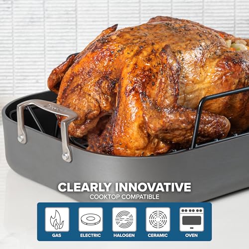 Image of Viking Hard Anodized Aluminum Nonstick Roasting Pan with Non Stick Rack and Carving Set, 16 x 13 Inch Kitchen Cookware, Dishwasher and Oven Safe, Dark Grey