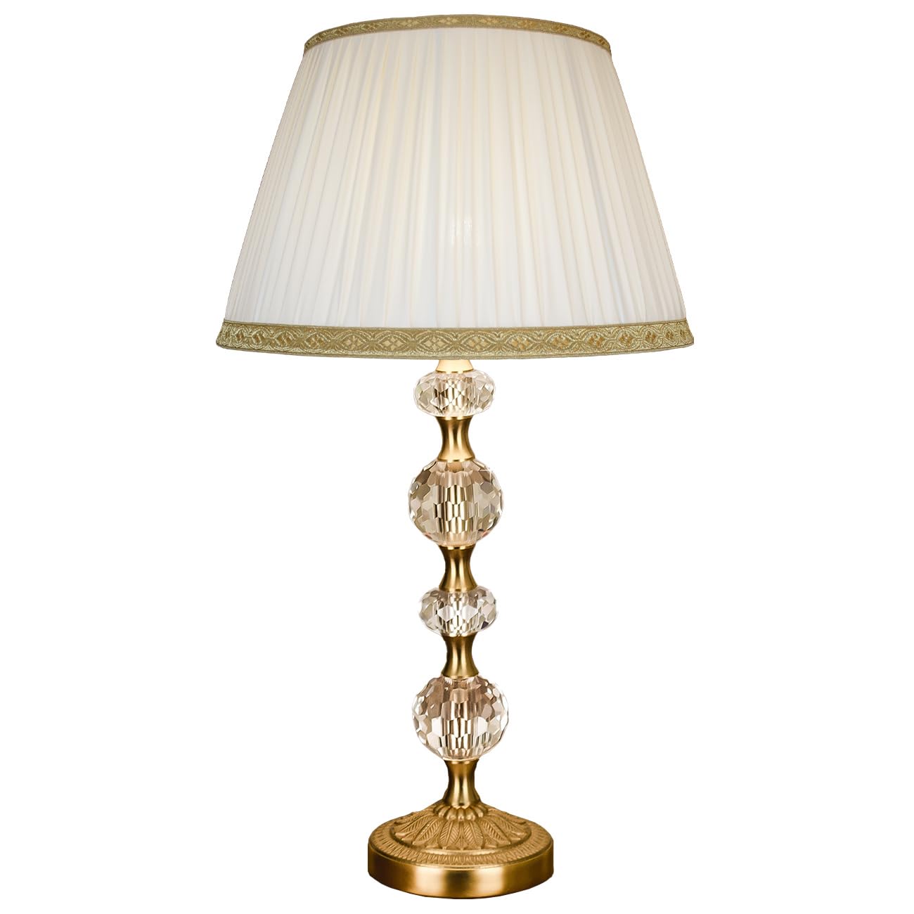 LUCECLASS – C420 Lampada da tavolo classica artigianale da comodino in puro cristallo e ottone, con paralume in misto seta plissettato avorio, per camera da letto, soggiorno, corridoio, hotel.