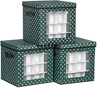 SONGMICS Christmas Bauble Storage Boxes, Set of 3 Storage Cube Bins for Christmas Decorations, 64 Box Places, Modular Dividers, 30.5 x 30.5 x 30.5 cm, Green RFB029G01