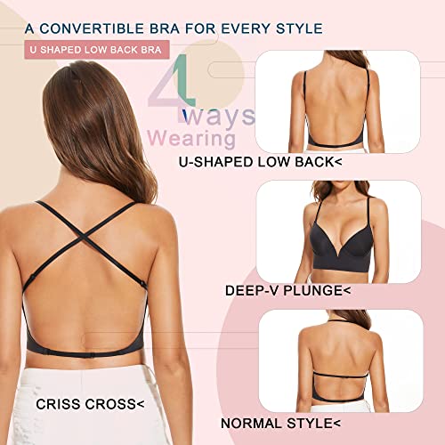 Low Back Bras For Women-Seamless Wired Deep-V Plunge Invisible Backless Bras Low Cut Multiway Halter Bra (Black, Xx-Large) #TOP3