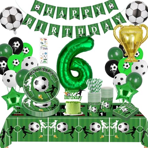 Decoration Anniversaire Football 6 Ans,Assiette Football Anniversaire Avec Bannière, Ballons,Foot Vaisselle Anniversair Decoration Serviettes Fournitures de Fête pour Garcon 16 Invités (6 Jahre)