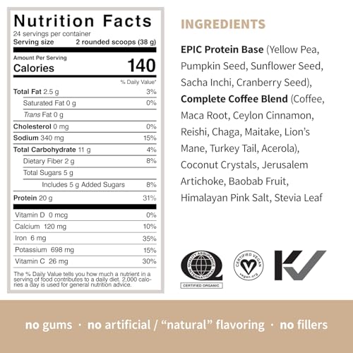 Image of Sprout Living, Epic Protein, Plant Based Protein & Superfoods Powder, Complete Coffee | 20 Grams Organic Protein Powder, Adaptogens, Mushrooms, Vegan, Non-GMO, Gluten Free (2 Pound, 24 Servings)