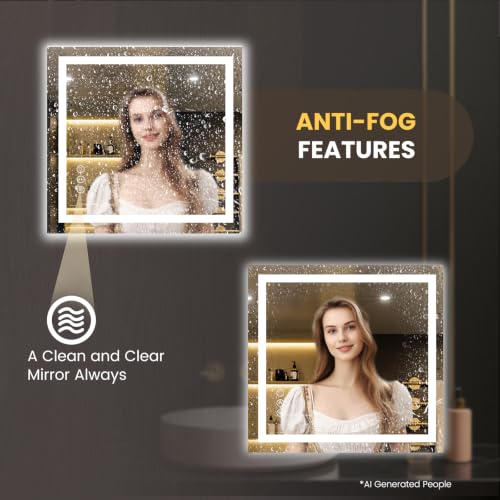 Image of LOAAO 36 inchx34 inch LED Bathroom Mirror with Lights, Anti-Fog, Dimmable, Backlit + Front Lit, Lighted Bathroom Vanity Mirror for Wall, Memory Function, Tempered Glass, Safe to Use, ETL Listed