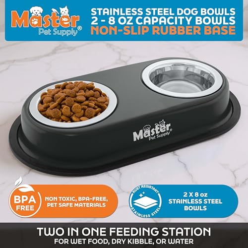 Master Pet Supply Double Dog Bowls Set with Elevated Base and 2 (8 oz) Stainless Steel Removable Dishes (Black Velvet) – Double Cat Food Water Bowl, Dog Puppy Food Bowl Set, Rust Resistant - Image 2
