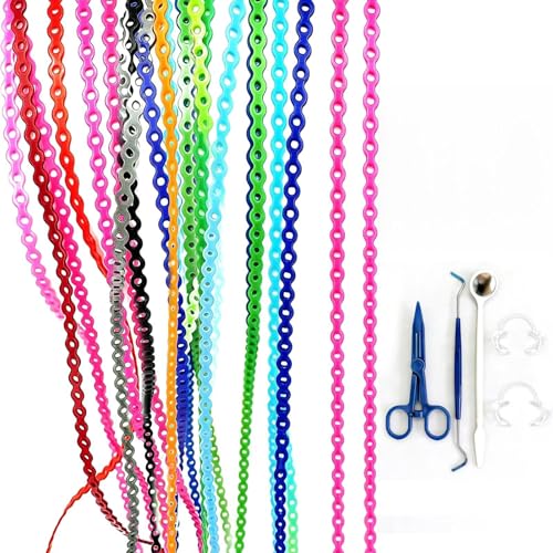 ZNGIKZ 30 PCS DIY Braces Power Chain Kit Multi-Color Elastic Rubber Bands (8.6in/pc) + Mathew Plier Probe Mirror & 2 Cheek Retractors for Teens & AdultsShort-range - 2.8 mm