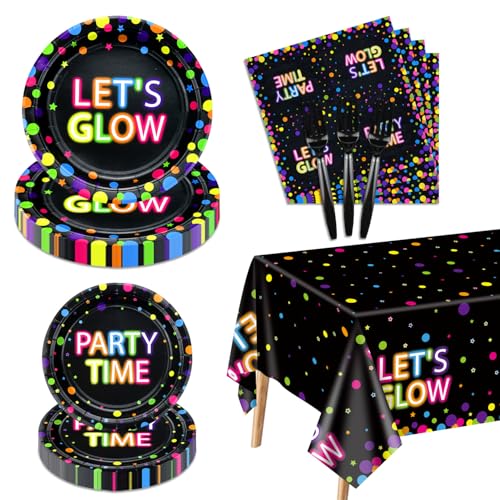 Glow in The Dark Party Supplies - Include Glow in The Dark Plates, Napkins and Fluorescent Tablecloths for Glow Party Supplies Black Light Neon Party Decorations, Serve 20