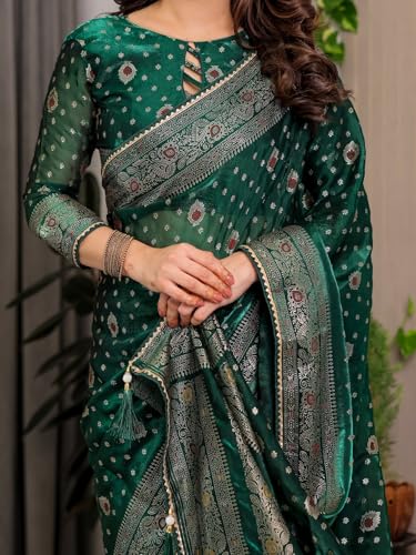 Image of ALMAARI FASHION Green Fendi Satin Foil Print Floral Saree with Tassels, Traditional Butti Motifs, 5.5m with 0.8m Blouse Piece
